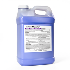 Angled photo of a two and one half gallon jug of Avian Migrate bird repellent on a white background