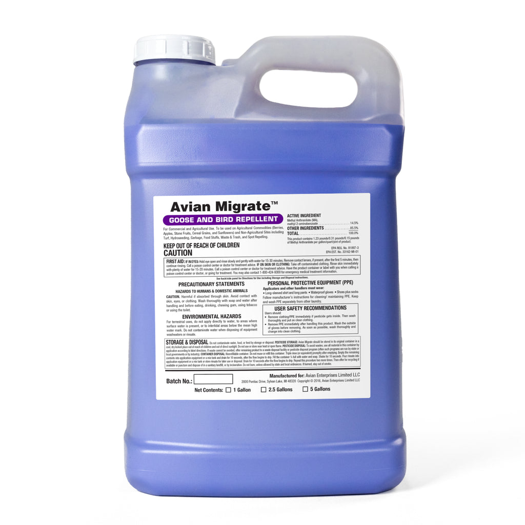 Two and one half gallon jug of Avian Migrate bird repellent on a white background