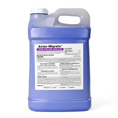 Two and one half gallon jug of Avian Migrate bird repellent on a white background
