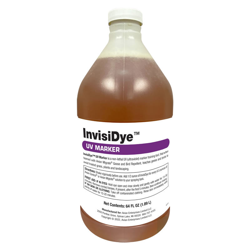 A half gallon bottle of InvisiDye UV Marker Concentrate which is a brown liquid in a plastic bottle with a label