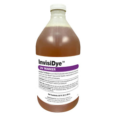 A half gallon bottle of InvisiDye UV Marker Concentrate which is a brown liquid in a plastic bottle with a label