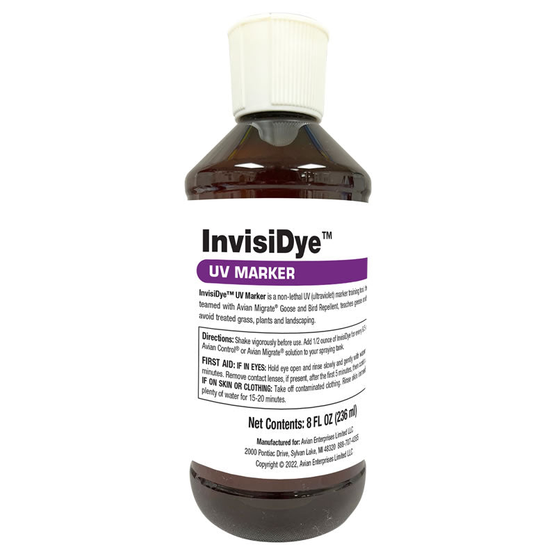 A bottle of InvisiDye UV Marker Concentrate which is a brown liquid in an amber bottle with a white cap and label.