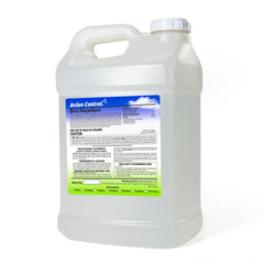 Angled photo of two and one half gallon container of Avian Control bird repellent on a white background